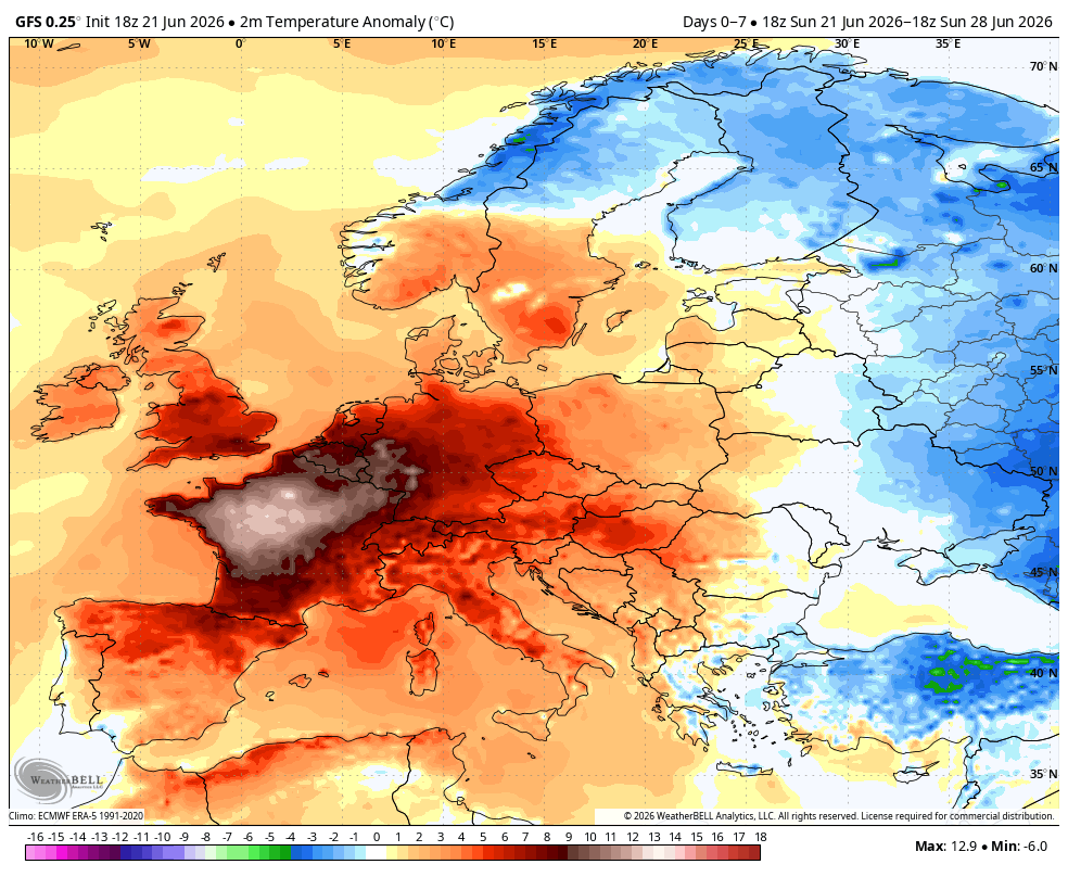 US_Stormwatch's tweet photo. 45°C (113°F) is possible Monday/Tuesday in parts of western France. That’s hotter than the current forecast for Phoenix, Arizona.

France is enduring one of the country’s worst heatwaves ever, due to its unprecedented duration, intensity, and extreme temperature anomalies. https://t.co/5jl9thFAKZ