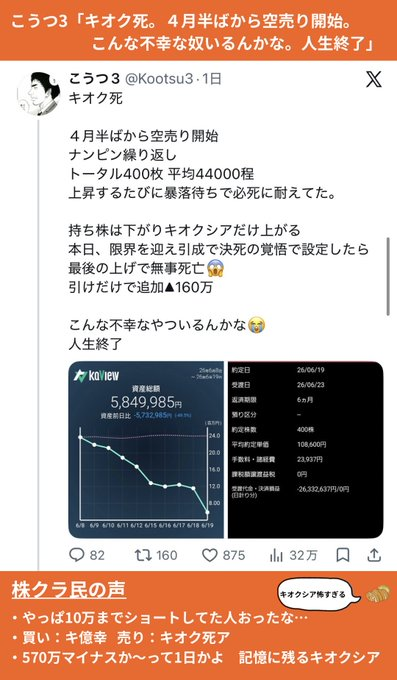 Joe_doee's tweet photo. ＜今週の株クラ＞
①記憶死「キオクシアショートで全て失いました」
②ひびっち「キオクシア強制決済されました。180万空売りしただけなのに」
③ 決算グラフ化芸人「あの時キオクシア100万買ったら今いくらかというグラフ作りました」
④こうつ3「キオク死。4月半ばから空売り。ナンピン。人生終了」 https://t.co/rhk1ZUF3fK