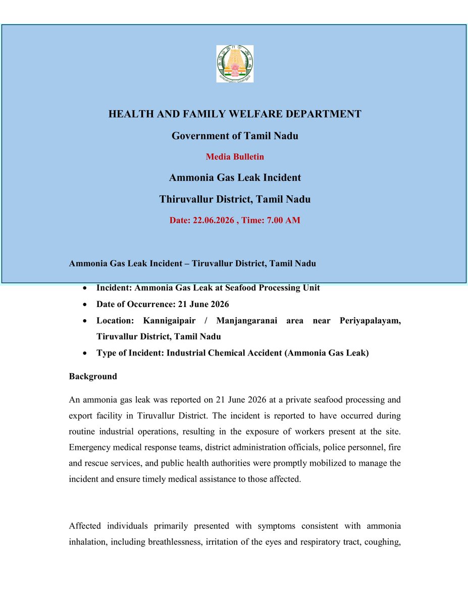 HM_TamilNadu's tweet photo. Media Bulletin : Ammonia Gas Leak Incident. https://t.co/Uzel4E4g7f