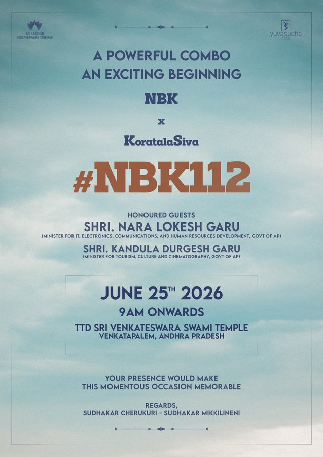 amaravatinews24's tweet photo. 𝐍𝐁𝐊𝟏𝟏𝟐 𝐆𝐫𝐚𝐧𝐝 𝐋𝐚𝐮𝐧𝐜𝐡 𝐢𝐧 𝐀𝐌𝐀𝐑𝐀𝐕𝐀𝐓𝐈🔥
📅 Grand Launch Date: June 25, 2026
🎖️ Chief Guests: ✔️ Nara Lokesh ✔️ Kandula Durgesh
📍 Venue: TTD Temple, Venkatayapalem, near Amaravati
⭐ God of Masses Nandamuri Balakrishna and blockbuster director Koratala Siva are teaming up for the first time
➤ The movie will be jointly produced by:
🔹 SLV Cinemas
🔹 Yuvasudha Arts
➤ Producers:
🔸 Sudhakar Cherukuri
🔸 Sudhakar Mikkilineni
🎬 The team is expected to reveal more exciting updates regarding the cast and technical crew in the coming days.

#AndhraPradesh #Amaravati