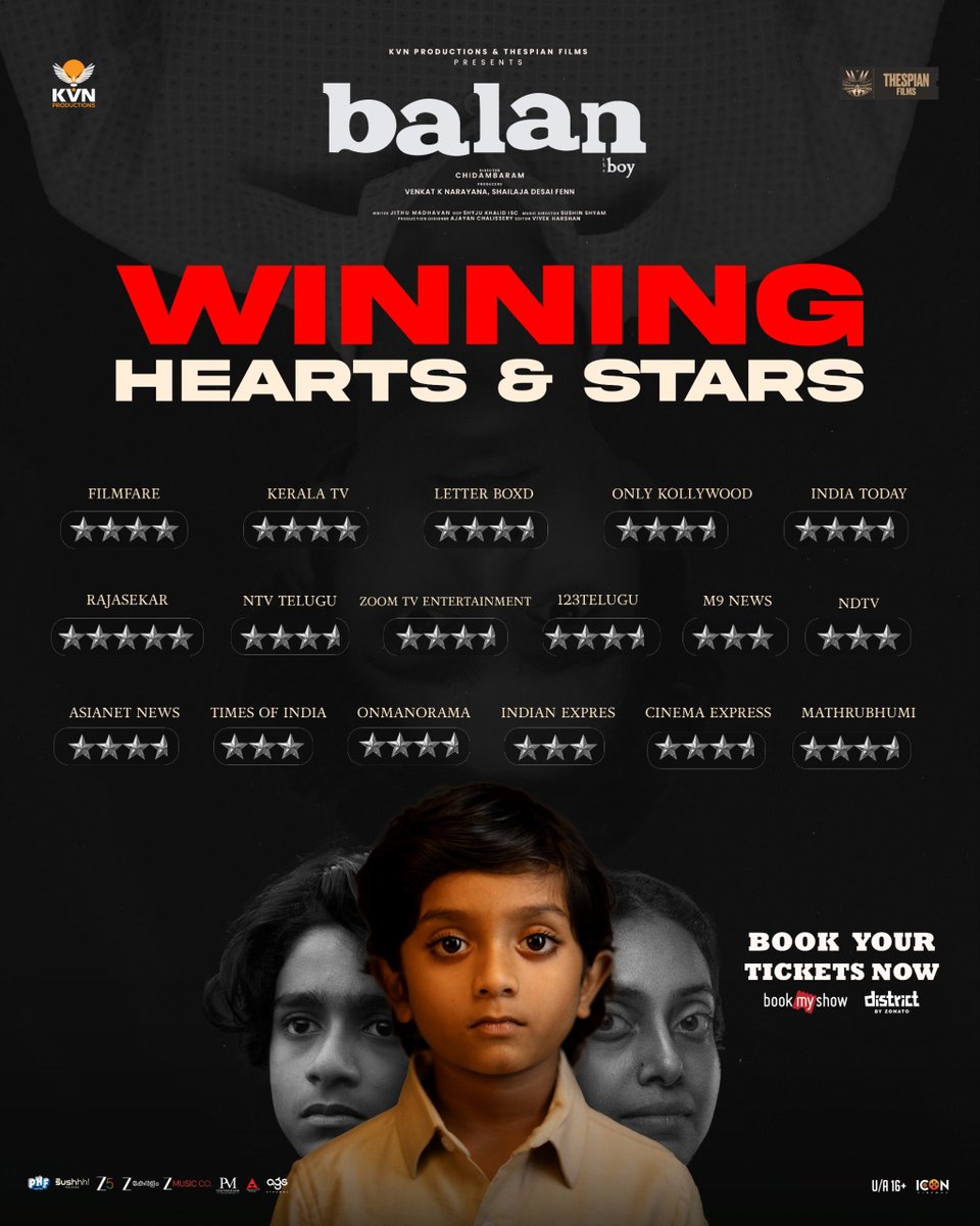 KvnProductions's tweet photo. One story. Countless accolades. Endless conversations.

Watch the BLOCKBUSTER  #BalanTheBoy in theatres today✨

Book your seats https://t.co/jJuXTsqcbi

@KvnProductions @thespianfilms_ @chidaakasham @ShailajaD #SatishFenn  #JithuMadhavan #SushinShyam https://t.co/qfYxHIvKmc