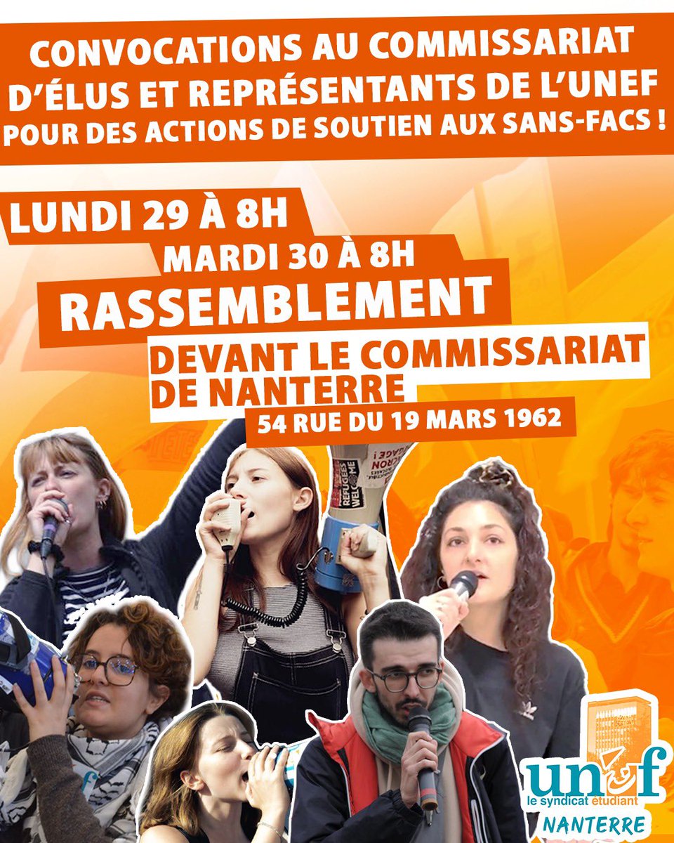 unefnanterre's tweet photo. 🚨👊 RASSEMBLEMENTS LES 29 & 30 JUIN DEVANT LE COMMISSARIAT DE NANTERRE : NON À LA RÉPRESSION ! 👊🚨

Après le fiasco du procès en diffamation, la présidence de Nanterre s’acharne… 8 convocations au commissariat pour des élus de l’UNEF Nanterre pour des actions de soutien aux sans-facs ! 

Au lendemain de l’annulation des poursuites en diffamation contre Coppélia, présidente de l’UNEF Nanterre, pour prescription, Mme Rolland-Diamond et son équipe font convoquer au commissariat 8 représentants de l’UNEF Nanterre pour s’être mobilisés aux côtés des sans-facs 😡

Un acharnement répressif qui dure depuis des années pour tenter de criminaliser et entraver notre travail syndical. La présidence de Nanterre ferait mieux de dépenser de l’énergie pour inscrire les sans-facs plutôt que de s’acharner sur des syndicalistes de 20 ans qui se battent pour une fac ouverte à tous et à toutes ! 

➡️ Rassemblements les 29 & 30 juin à 8h devant le commissariat de Nanterre 
📍54 rue du 19 mars 1962

🗳️ Cagnotte de soutien pour nous aider à payer les frais d’avocats :
https://t.co/jS8RTbP0Av