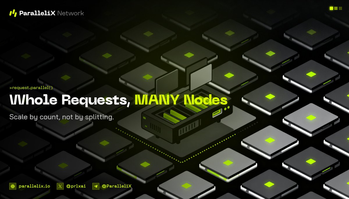 prlxai's tweet photo. Splitting one prompt across many machines is slow: every shard has to wait for the others.

We don't. One inference runs whole on one node. Scale comes from running many requests across the fleet at once.

No reassembly tax.

#ParalleliX #AI #ParallelExecution https://t.co/Koqxihw7oS