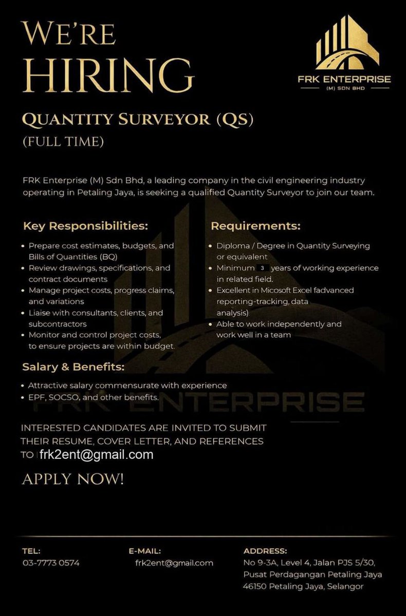 aishahsihar21's tweet photo. 📢📢JAWATAN KOSONG - QUANTITY SURVEYOR📢📢

📍 Lokasi: Petaling Jaya, Selangor

📧 Berminat? Hantar Resume, Cover Letter dan References anda ke:
frk2ent@gmail.com

✨ Sertai kami dan bina kerjaya anda bersama syarikat yang sedang berkembang dalam industri kejuruteraan awam! https://t.co/2yxdB8SjSf