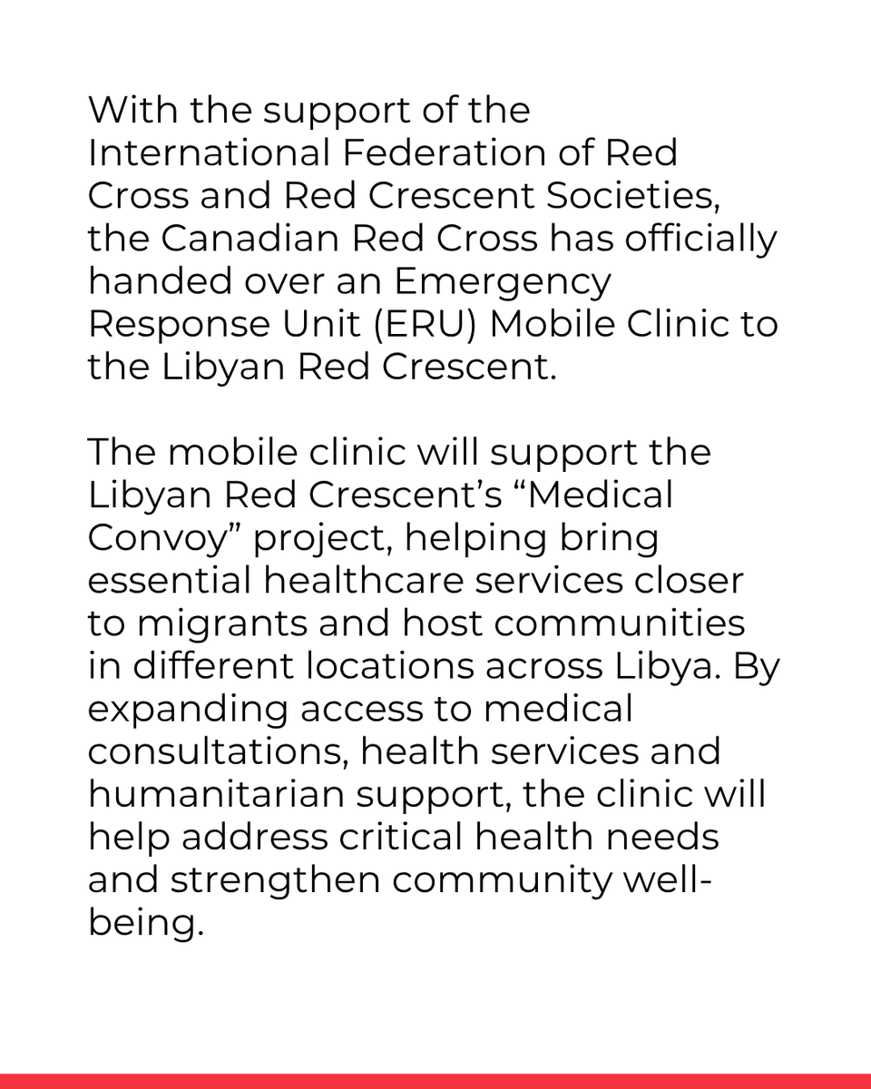 IFRC_MENA's tweet photo. With @ifrc facilitation, the @redcrosscanada has handed overt the retrieved Emergency Response Unit (ERU) Mobile Clinic to the @LibyaRC. 

This ERU Mobile Clinic will be dedicated to the Libyan Red Crescent’s Medical Convoy project, targeting migrants and host communities. https://t.co/lbP72gQlTf