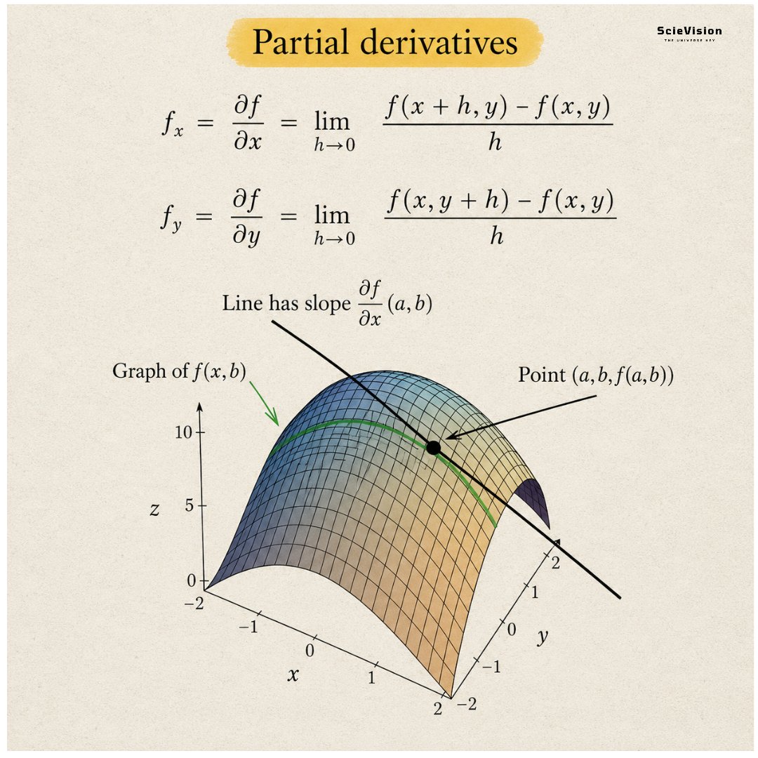 scievision369's tweet photo. Partial Derivatives ✍️

Imagine standing on a hillside and trying to answer the question, "How steep is this hill right here?" The steepness depends on which direction you decide to walk. The hill might be very steep heading north but almost flat heading east. There's no single answer that works for all directions. This is the problem partial derivatives solve. In mathematics, many functions depend on more than one variable at the same time, and their graphs are not simple curves but entire three-dimensional surfaces, like the smooth rounded hill shape shown in the diagram. The height of the surface at any point depends on both an x-direction and a y-direction at the same time.

The clever solution is simple once you see it. If you want to measure how the surface changes in the x-direction, you pretend y doesn't exist by fixing it at one value and keeping it constant. The diagram illustrates this well with the green curve traced across the surface. This curve shows what you would get if you took a sharp knife, aligned it parallel to the x-direction at a specific y-value, and sliced through the surface, turning the complex three-dimensional problem into a simple familiar curve. Then, you choose your point of interest, marked as the black dot on the surface, and ask how steeply that green curve rises or falls at that point. This gives you the straight black tangent line touching the curve precisely at that spot. The slope of that tangent line is the partial derivative; it tells you how fast the surface climbs or falls in the x-direction at that specific point, with y held constant. Then, you repeat the process with x fixed and y free to find the slope in the other direction. Together, these two slopes help describe the full shape of the surface around your point of interest.

What makes this so powerful is that it works for any number of variables and appears everywhere in the real world. A weather temperature map has one partial derivative that shows how quickly temperature changes as you drive north, and another that shows how quickly it changes as you drive east. Together, they create a picture of the full temperature landscape around you. Almost every equation governing how the physical world behaves like how heat spreads through metal, how water flows around a ship, how an aircraft wing generates lift, and how a neural network learns from data is written in terms of partial derivatives. This makes them one of the most important and widely used tools in mathematics and science. But the main idea behind all this complexity is simply standing on a hillside, choosing one direction, fixing everything else completely still, and asking how steep it is right here.