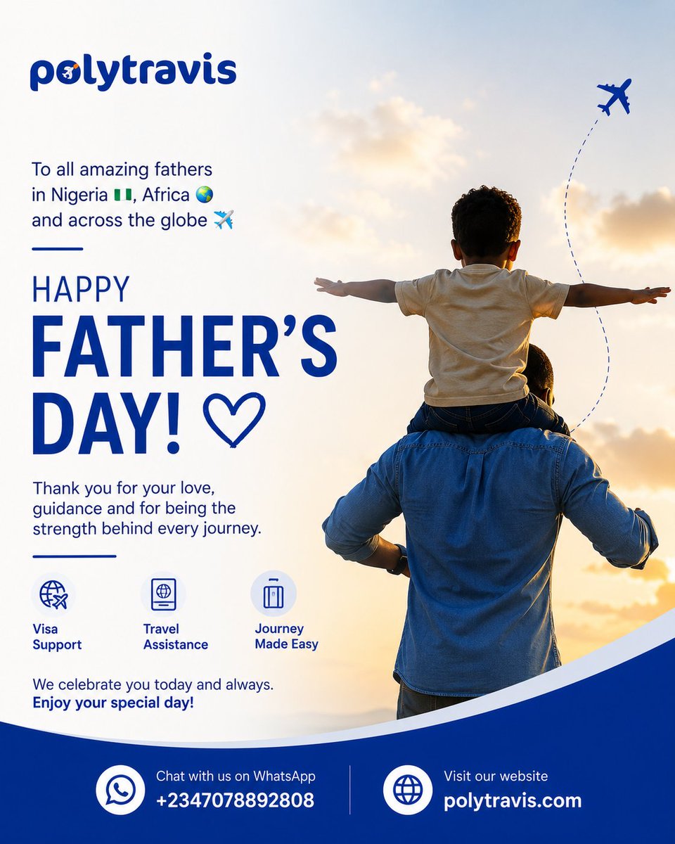 Polytravis's tweet photo. #HappyFathersDay to all the amazing fathers in Nigeria, across Africa, and around the world. ๐๐
Thank you for your love, guidance, sacrifice, and the strength you bring to every journey
From all of us at #Polytravis, we celebrate you today and always
#FathersDay #VisaProcess https://t.co/ryogm1BGCE