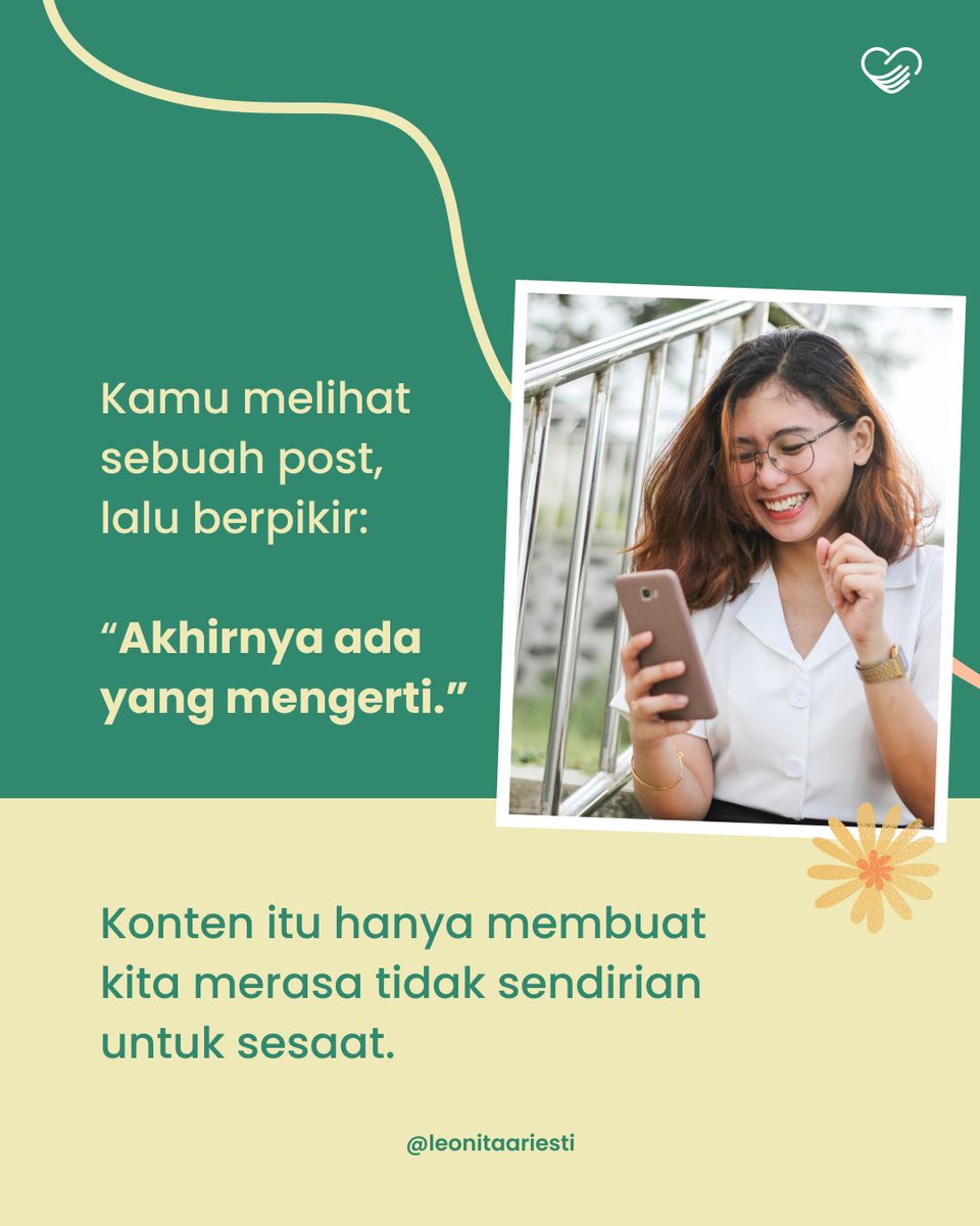 Merajuthati_'s tweet photo. Kadang, yang kita butuhkan bukan hanya konten relatable, tapi ruang untuk memahami apa yang sedang dirasakan.

Merasa dipahami itu valid. Tapi healing juga perlu dijalani lewat proses dan dukungan yang tepat.

Berbagi Hati: 10 sesi terapi gratis.

#MentalHealthAwareness https://t.co/pPAbqEPMDd
