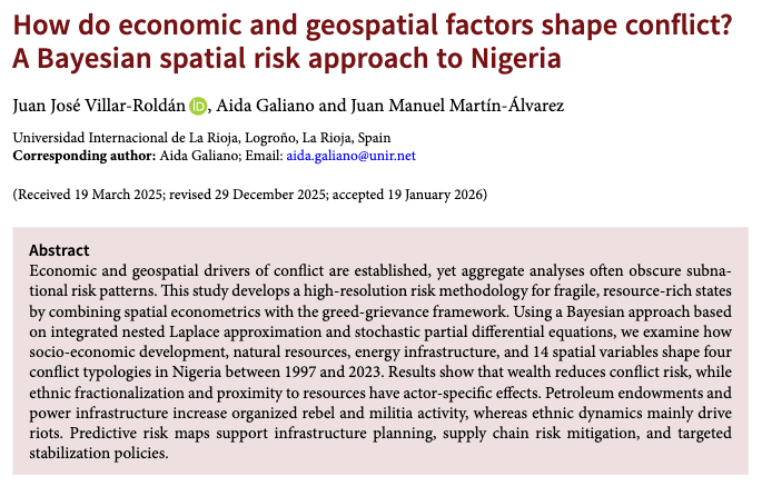 PSRMJournal's tweet photo. 🌍 What drives conflict risk within fragile states?

➡️ Studying Nigeria, J.J. Villar-Roldán, A. Galiano &amp; J.M. Martín-Álvarez show wealth lowers conflict risk, while resources and energy infrastructure fuel violence https://t.co/plW5bsTLkO #FirstView https://t.co/clFEXBVUcu