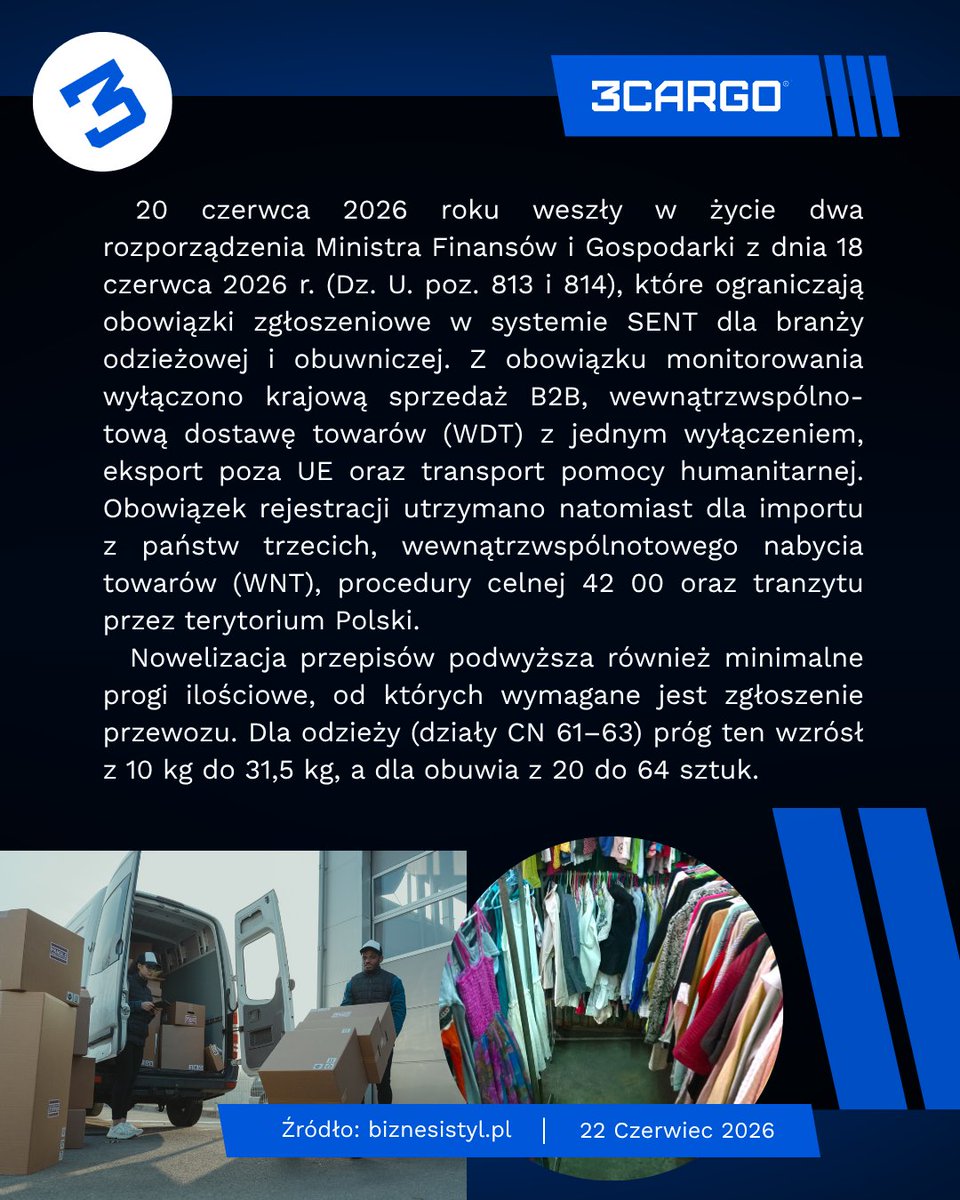 Free_Cargo's tweet photo. ☕ Dzień dobry z #CARGONEWS 📣
Ważne zmiany w przepisach dla branży e-commerce i fashion! 20 czerwca 2026 r. weszły w życie nowe rozporządzenia, które znacząco ograniczają obowiązki zgłoszeniowe w systemie SENT dla transportu odzieży i obuwia.
#transport #logistyka #SENT https://t.co/lJGkgbXTcm