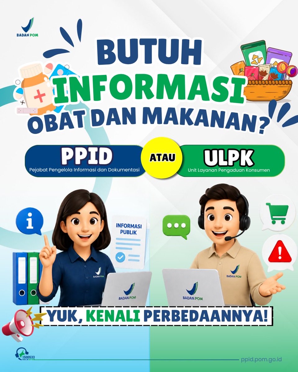 ppidbpom's tweet photo. Halo #SobatTransparansi 👋

Pernah bingung nggak, kalau mau minta informasi Obat dan Makanan di BPOM itu harus ke mana?

Sebagai informasi, di BPOM ada dua jalur layanan informasi: PPID dan ULPK. https://t.co/81Ok7khOWe