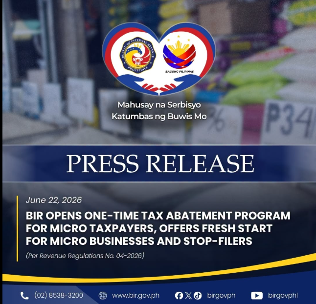 dximcdo's tweet photo. 𝗣𝗥𝗘𝗦𝗦 𝗥𝗘𝗟𝗘𝗔𝗦𝗘
𝗕𝗜𝗥 𝗢𝗣𝗘𝗡𝗦 𝗢𝗡𝗘-𝗧𝗜𝗠𝗘 𝗧𝗔𝗫 𝗔𝗕𝗔𝗧𝗘𝗠𝗘𝗡𝗧 𝗣𝗥𝗢𝗚𝗥𝗔𝗠 𝗙𝗢𝗥 𝗠𝗜𝗖𝗥𝗢 𝗧𝗔𝗫𝗣𝗔𝗬𝗘𝗥𝗦, 𝗢𝗙𝗙𝗘𝗥𝗦 𝗙𝗥𝗘𝗦𝗛 𝗦𝗧𝗔𝗥𝗧 𝗙𝗢𝗥 𝗠𝗜𝗖𝗥𝗢 𝗕𝗨𝗦𝗜𝗡𝗘𝗦𝗦𝗘𝗦 𝗔𝗡𝗗 𝗦𝗧𝗢𝗣-𝗙𝗜𝗟𝗘𝗥𝗦

https://t.co/cgscvKf1uz https://t.co/GYn3wgKJIs