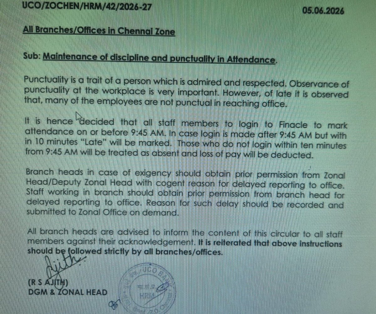 AiexbefUP's tweet photo. Great to see the guidelines issued on punctuality by the official of @UCOBankOfficial , However we think that official issued the guidelines would have forgotten to mention that consecutive 3 days delay in exit/day end post 1645hrs will amount to 1 day OT by the bank. https://t.co/RXA4Cpu9TM