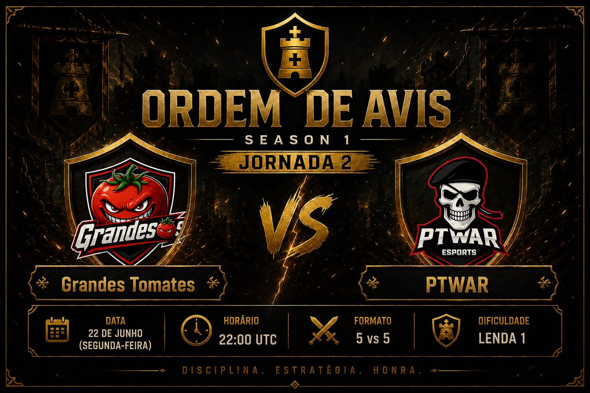 ptwar_coc's tweet photo. ⚔️ ORDEM DE AVIS – SEASON 1 | JORNADA 2 ⚔️
📅 Segunda-feira, 22 de junho
⏰ 23h00 🇵🇹 / 19h00 🇧🇷
⚔️ Formato: 15 min de preparação + 45 min de guerra
🎥 Transmissão em direto:
https://t.co/ipMq6Yn7zD
Contamos com o teu apoio! 👊
#PTWAR #PathToWin #ClashOfClans https://t.co/aPZaTjRERO