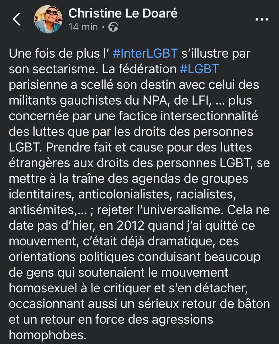 LeDoareCh's tweet photo. Une fois de plus l’ #InterLGBT s’illustre par son sectarisme. La fédération #LGBT parisienne a scellé son destin avec celui des militants gauchistes du NPA, de LFI…, plus concernée par une factice intersectionnalité des luttes que par les droits des personnes LGBT. Prendre …
👇 https://t.co/zgPpkuYWAv