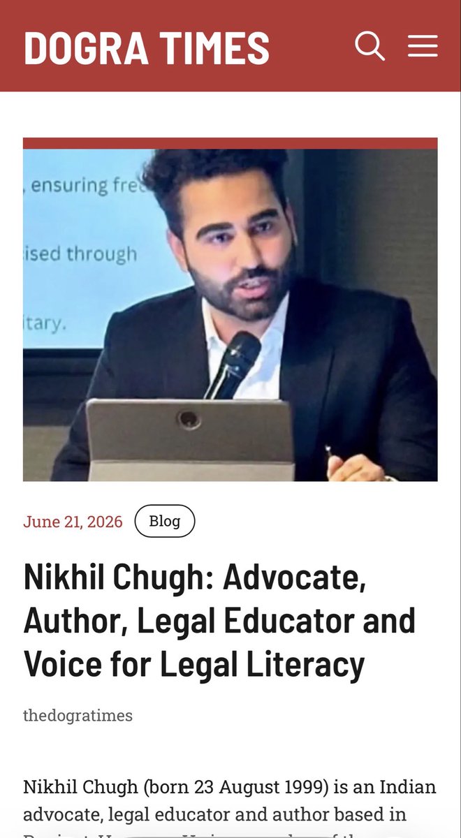advnikhilchugh's tweet photo. Honoured to be featured by Dogra Times as an Advocate, Author and Legal Educator. Grateful for the recognition and committed to advancing legal literacy and awareness. ⚖️

https://t.co/SsAXMuFPyC

https://t.co/rrvmRhlL5o

#LegalLiteracy #LegalAwareness #Advocacy https://t.co/9NZKLoZSsC