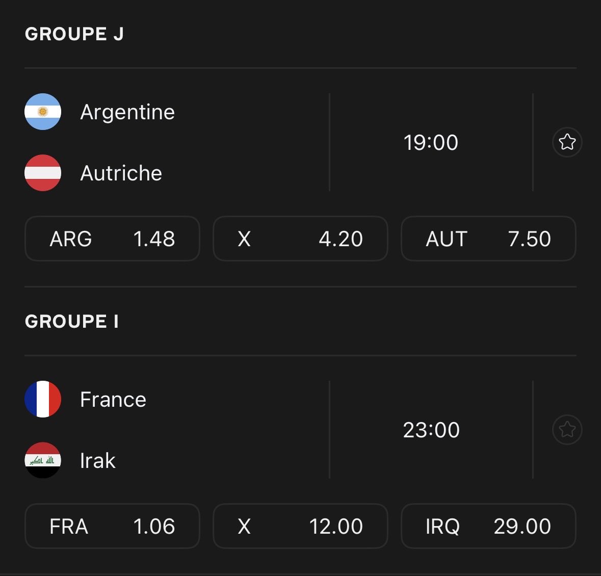 Only_Pronos's tweet photo. Les pronos sont prets pour les matchs de ce soir, on va essayer de bien monter sur les matchs jusqu'a demain soir, faut esperer qu'il pleuvra des buts sur tous les terrains! #argentina #austria #france #iraq  #norway #senegal https://t.co/xnQpqoBBn3