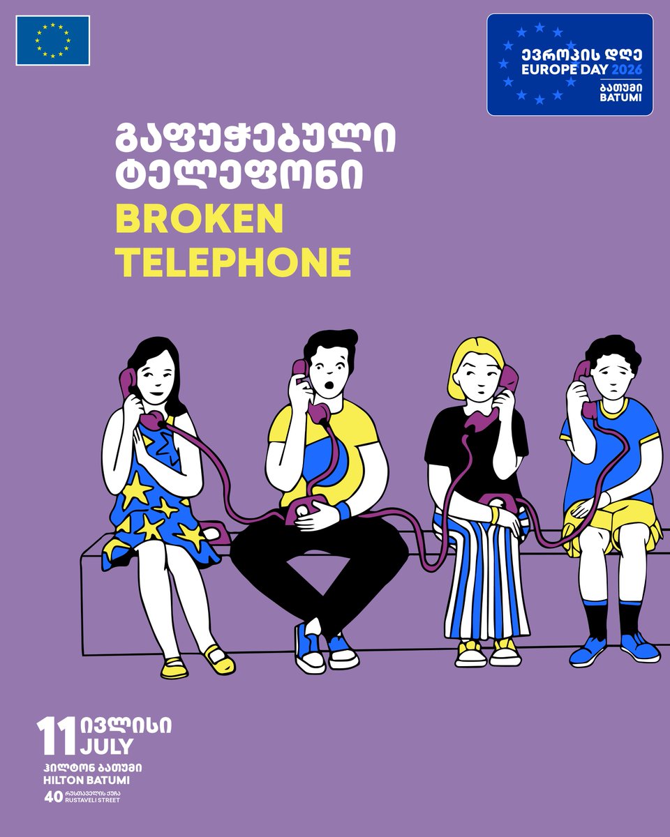 EUinGeorgia's tweet photo. 🎭🌊 Tamashobana is joining Europe Day Batumi with Broken Telephone - a fun, playful and engaging theatre performance for young audiences🎉

📍 Hilton Batumi | 🗓 11 July | 🎟 Free entry
#EuropeDay2026 #MyEuropeMyFuture https://t.co/AROsaBEqJn