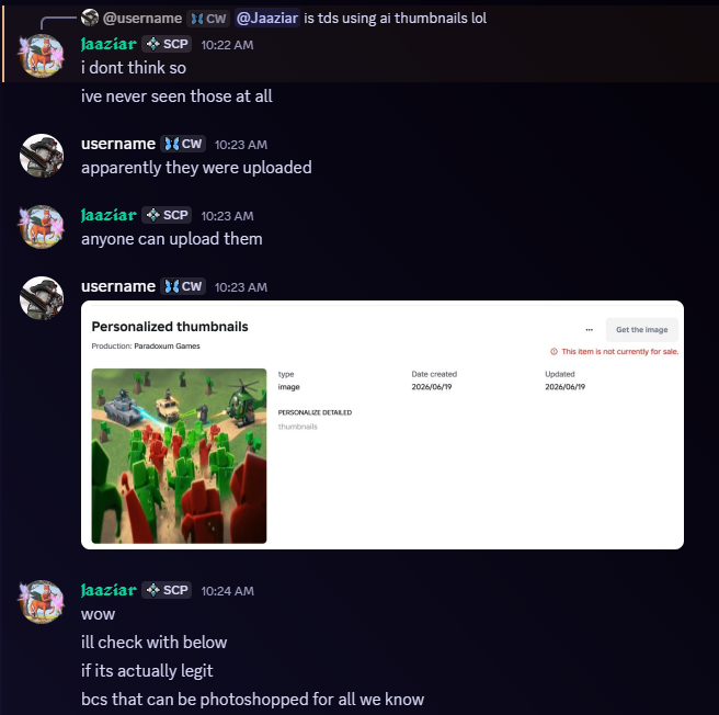 WikiaColours's tweet photo. Wait, the AI thumbnails weren’t uploaded by Paradoxum…

It looks like ROBLOX auto generated them for the game and forced the game to use it without the developers knowing about it…

That is VERY serious oversight by Roblox. https://t.co/5SeTiHYxwc