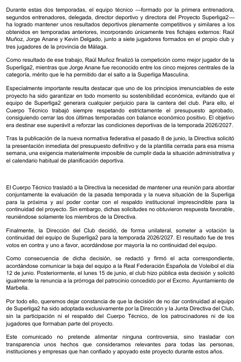 RTVMarbella's tweet photo. El cuerpo técnico del @Costadelvoley, liderado por Mónica Mancha, asegura en comunicado que el proyecto era económicamente viable, el grueso de la plantilla iba a continuar y la decisión de no continuar en Superliga Masculina 2 ha sido tomada de forma unilateral por la directiva. https://t.co/AEVU8L4Q3y