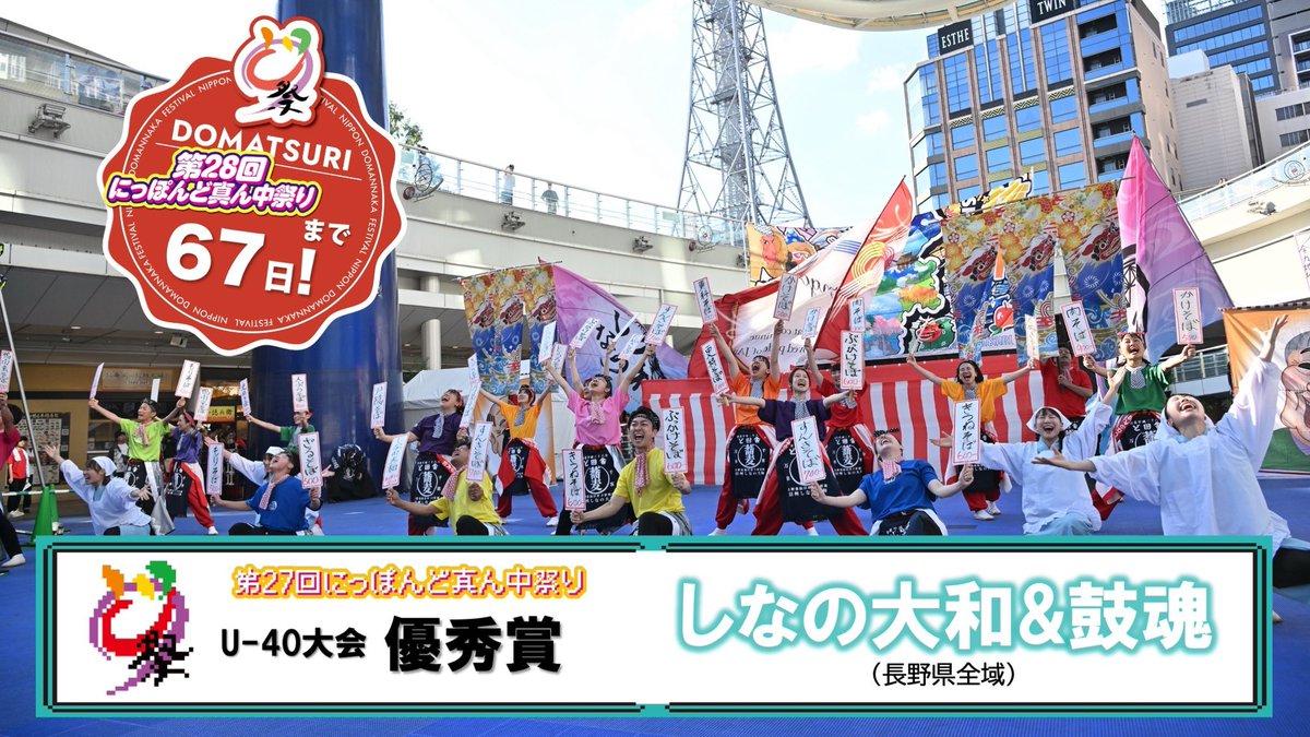domatsuri's tweet photo. ＼＼　 \ 　/ 　／／
     どまつりまで 
　   あと 67日！
／／　 /　 \　 ＼＼

しなの大和&鼓魂の皆さんはじめ、長野県からも多数どまつりに参加いただいています⛰️

🍜しなの大和&鼓魂（長野県全域）

＿＿＿＿＿＿＿＿＿＿＿＿
⏰2026年8月28日(金)〜30日(日)
📍久屋大通公園を中心に名古屋市内16会場で開催

#どまつり #にっぽんど真ん中祭り #名古屋