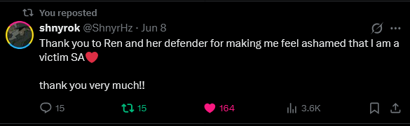 kobenibuhbuh1's tweet photo. ren supporter:- "i support a liar over an abuser" "victim over abuser" "you dont understand what victims go through"

show them this thread

this is what real victims have had to say about what ren and ren supporters did to them and their experiences.

Appendix 1 https://t.co/GQaV1Ej4sH