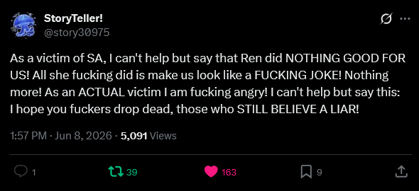 kobenibuhbuh1's tweet photo. ren supporter:- "i support a liar over an abuser" "victim over abuser" "you dont understand what victims go through"

show them this thread

this is what real victims have had to say about what ren and ren supporters did to them and their experiences.

Appendix 1 https://t.co/GQaV1Ej4sH
