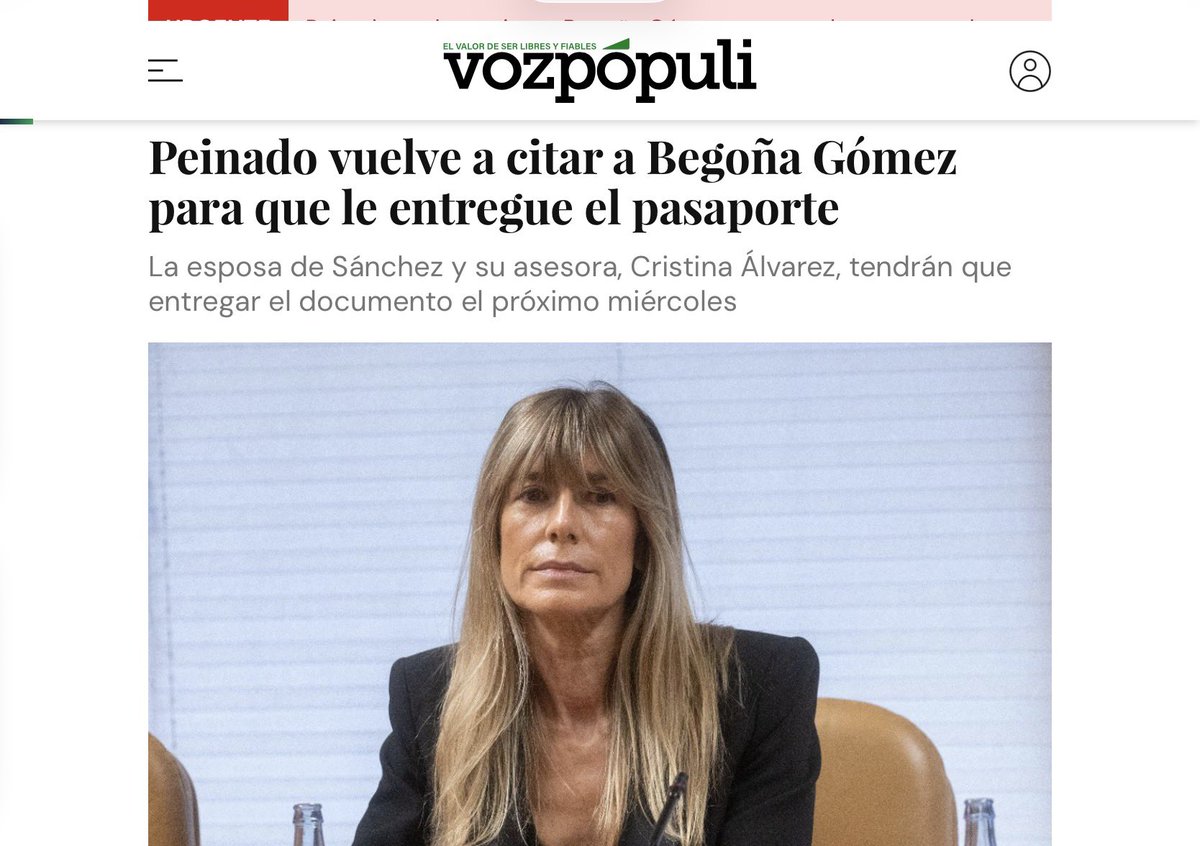 FernandoFGR1's tweet photo. PEINADO NO SE ARRUGA. LLEGARÁ HASTA EL FINAL. 
Pasado mañana, MIÉRCOLES 24, el Juez Peinado ha citado a Begoña Gómez y a su falsa Asesora, Cristina, la entrega del Pasaporte en el Juzgado a las 6pm. 

Recordemos que Begoña, en un pulso de macarra inaudito, se negó a presentarlo la última vez que Peinado se lo solicitó. 

Está claro que el BRAVO JUEZ PEINADO NO SE ARRUGA, y pese a la campaña de acoso y derribo por tierra, mar y aire de toda la MAMPORRERIA MEDIÁTICA Y CIVIL, por mucho que el CGPJ claudique a la presión sanchista, Peinado sigue adelante. 

Y no solo no se arruga, sino que además les va a solicitar que entreguen cualquier otro tipo de Pasaporte, ya sea Diplomático o de otra nacionalidad. Puede que Begoña tenga que entregar ¡tres pasaportes!

A ver si hay narices Begoña. A ver quien gana el pulso.