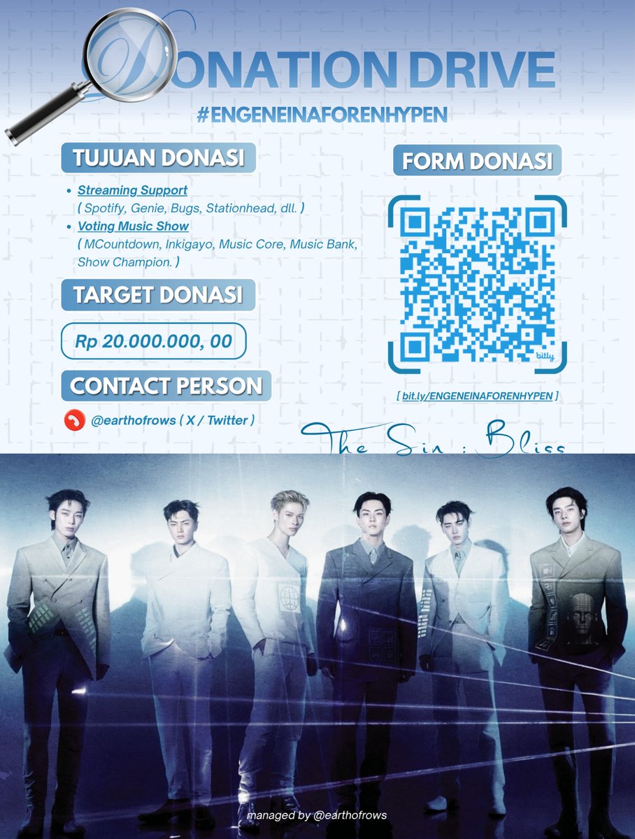 earthofrows's tweet photo. [ UPDATE DONATION PROJECT #ENGENEINAFORENHYPEN ]

— 22/6/26 —

💵 Rp296.000
🎯 Rp19.704.000

Masih ada banyak waktu untuk mencapai target donasi, mari ikut berkontribusi terhadap kesuksesan comeback THE SIN : BLISS, njin! ✨

🖇️ https://t.co/UxpOna5bd1
📊 https://t.co/MBH3jYHY18

#ENHYPEN #THE_SIN_BLISS