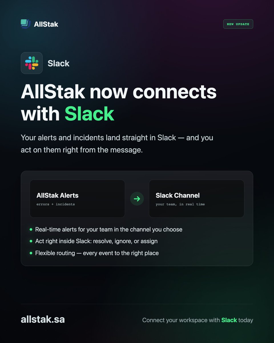 AllStak's tweet photo. Introducing Slack Integration for AllStak 🚀

Get critical alerts delivered instantly to your Slack channels.

• Application errors

• Infrastructure incidents

• Performance anomalies

• Security findings

Keep your team aligned and respond faster without leaving Slack.

Available now in AllStak.

https://t.co/6mTqnROW50
#AllStak #Slack #Observability #DevOps #Monitoring #IncidentManagement