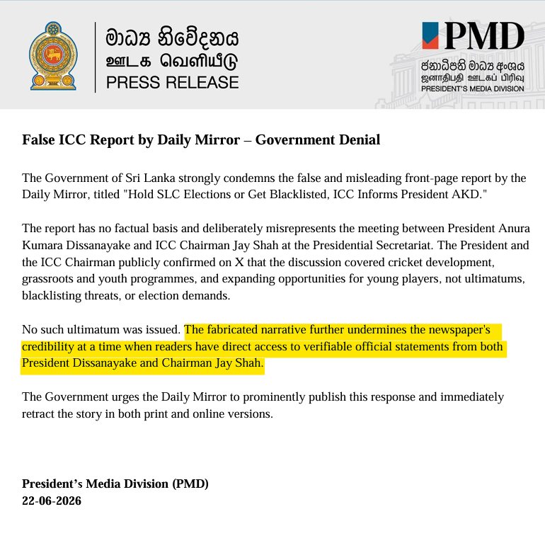 rangaba's tweet photo. This could hurt  @Dailymirror_SL more than the denial: "The fabricated narrative further undermines the newspaper's credibility at a time when readers have direct access to verifiable official statements from both President Dissanayake and Chairman Jay Shah." @ICCMediaComms https://t.co/fzU4la6NfI