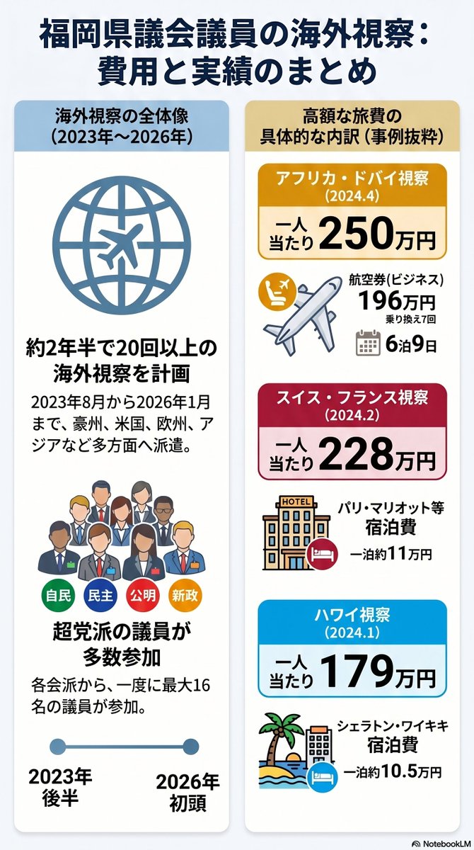 kita9syu's tweet photo. 数字データでみる、福岡県議会視察
2023年度
1億4100万円
2024年度
1億800万円

2025年度予算
6400万円
この3年間で3億円超の税金

さらに2026年度も
5100万円の予算
公費を使った県議の海外視察は
2023年8月から2026年1月までに22回

参加県議はのべ97人

ただし、1回以上参加した議員は26人だけ
議長を含む3人が10回以上参加しており、海外視察が一部議員に集中している構図が見える

渡航先は
アジア10回
アメリカ5回
うちハワイ4回
欧州3回
アフリカ2回
オーストラリア2回

そして最大の問題はここ

22件中18件は
「報告書」そのものが作成されていません

税金で海外へ行く
しかし報告書は作らない

これを県民はどう検証すればいいのか

ハワイ視察は2年半で4回
のべ19人
毎回行った県議が2人
旅費は一人平均146万円
相場の2〜3倍
一泊10万円以上の高級ホテル
シェラトンワイキキに連泊したケースもある
南アフリカ等視察団は
6泊9日でケニア、ドバイ、南アフリカへ
当初はワンヘルス関係の調査として議決された後、関係のないドバイ日程が追加

公費負担は5人で合計1252万円

欧州視察調査団は
スイスのWHO
フランスのWOAHを訪問
しかし、その間にボルドーで2泊
ワイン博物館
オーガニックワイン農場を訪問

旅費は6人で合計1368万円
一人平均228万円
作成された報告書本文はわずか8ページ

県民には物価高
子どもには削られる給食
行政には予算不足の説明

その一方で、県議の海外視察には3年間で3億円超
これは「視察が必要かどうか」の問題ではない

税金を使ったなら
誰が
どこへ行き
何を見て
県政にどう活かしたのか

最低限、それを報告書で示すべきだというだけの話
22件中18件で報告書なし

この数字だけで、福岡県議会の公費感覚は十分に見える
#福岡県議会 #税金の無駄遣い #政治不信 #福岡県政 #北九州 #子ども真ん中社会