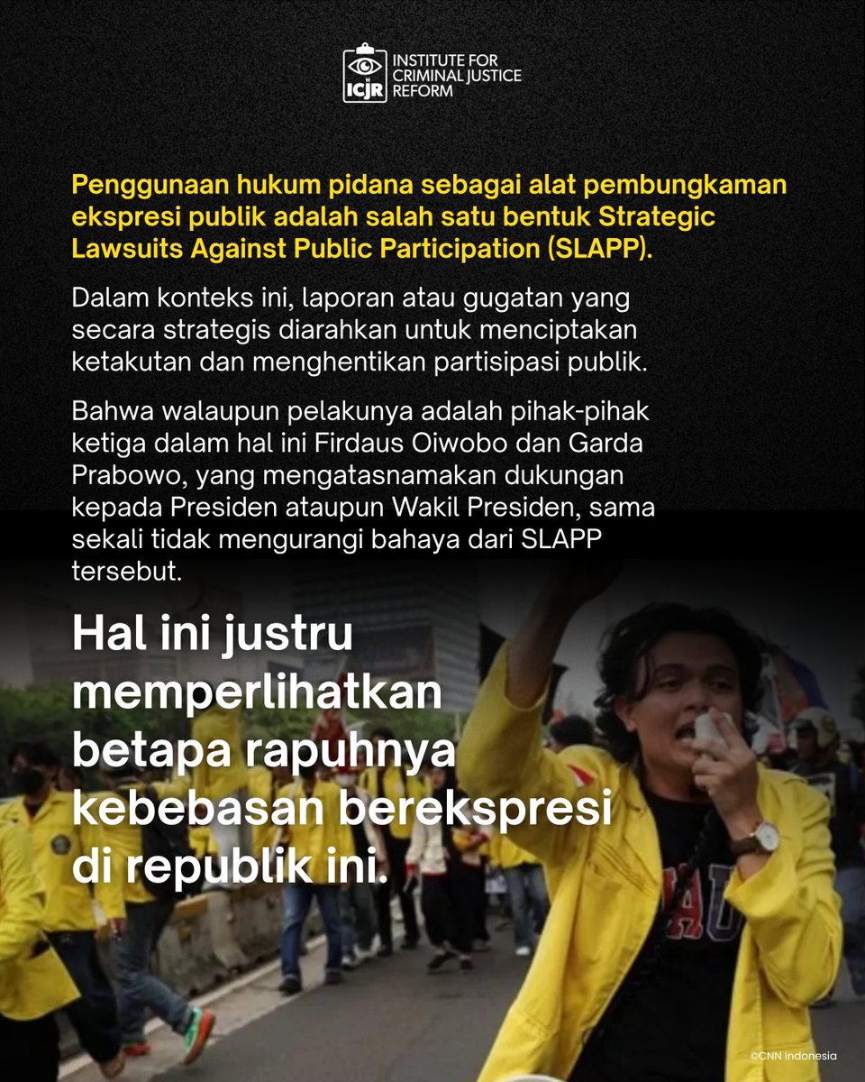 ICJRid's tweet photo. Membiarkan proses pidana digunakan untuk merespons kritik berisiko menciptakan ketakutan untuk berpartisipasi dalam ruang publik.

Kebebasan berekspresi tidak hanya melindungi pendapat yang disukai pemerintah, tetapi juga pendapat yang keras, tajam, dan tidak nyaman didengar. https://t.co/MrwpfJHc7I