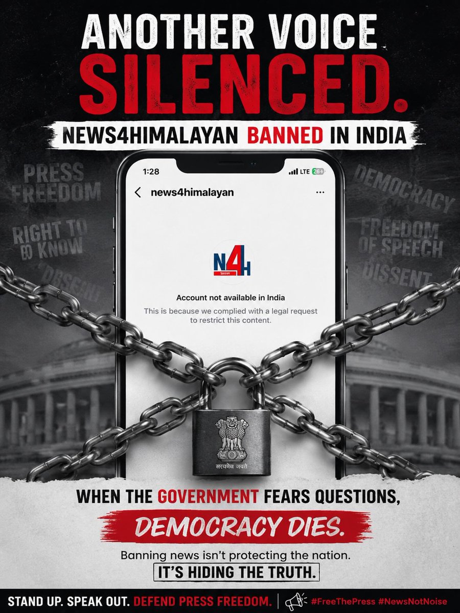 NaughtyHimachal's tweet photo. The party in power in Himachal is the Congress, whose senior leadership at the national level projects themselves as a defender of the Constitution and free speech

Yet on the ground, local activist accounts have been taken down and now even regional news channels are facing blocking

Is there any understanding between Congress and BJP in all this??

especially when there is no public condemnation by bjp, and account bans in India usually involve central level mechanisms as well??
#news4himalayan