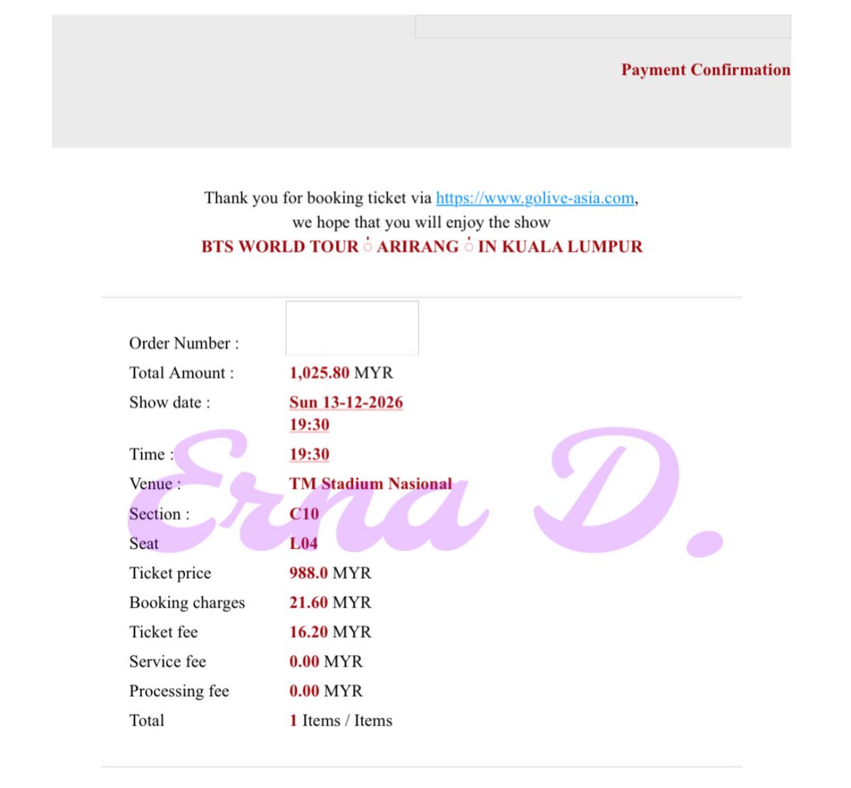 erna_d's tweet photo. WTS BTS Arirang World Tour in KUALA LUMPUR (KL) Day 2 13 Dec 2026
📍Cat 1, section C10, seat L04
💰Price: 1165 MYR or IDR 5 million
FYI, the seat is located at the very back of the row. So you will be closer to BTS when they parade.
Feel free to DM me if you’re interested. https://t.co/vgQUWIcoW4