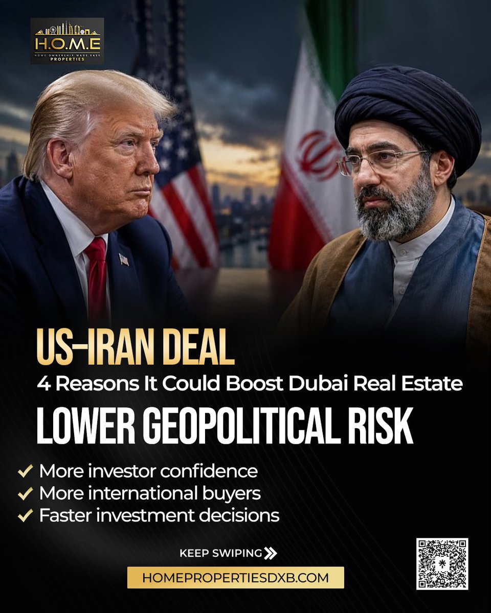 HOMEProperties_'s tweet photo. The US–Iran deal could have positive implications for Dubai Real Estate.

✔ Stronger investor confidence
✔ Increased capital inflows
✔ More business activity
✔ Higher demand for property and rentals

Regional stability often supports long-term market growth. #USIranDeal https://t.co/AXKwkVPXB2