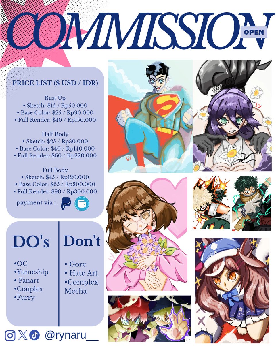 Rynaruuu___'s tweet photo. ✨ ART COMMISSION OPEN ✨

Hiiiiii! check out my commission!!

​📩 How to Order:
DM me with your references and inquiries (　＾∀＾)

​✨ ADDITIONAL INFO
• Additional Character: +$10 / +Rp30.000 to draw.
• Discount Promo: Get a $5 / Rp20.000 discount for each chara

#artmoots https://t.co/cXQA7OkCJ4