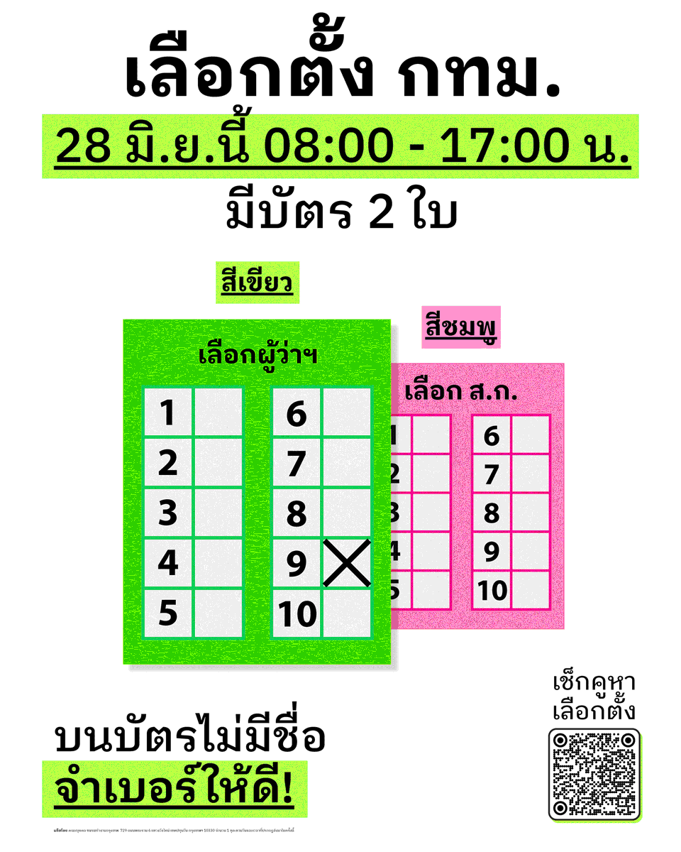 teamchadchart's tweet photo. แชร์โพสต์นี้ให้เพื่อนและครอบครัวกัน!
วันอาทิตย์นี้มีเลือกตั้งผู้ว่าฯ และ สก.

บัตรเลือกตั้งมี 2 ใบ
💚 สีเขียว = เลือก ผู้ว่าฯ
🩷 สีชมพู = เลือก สก. 

***บนบัตรไม่มีชื่อผู้สมัคร โปรดจำเบอร์ให้ดี***

เช็กคูหาเลือกตั้งที่เว็บไซต์ https://t.co/TAthygOMVI https://t.co/V9b8g9dhGU