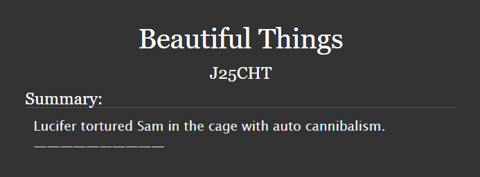 spnficrec's tweet photo. fic of the day: beautiful things
https://t.co/TqHIDa1A4K
words: 2k
pairings: lucifer &amp; sam
rating: not rated
warnings: graphic depictions of violence
status: complete https://t.co/UCTNDXc9hJ