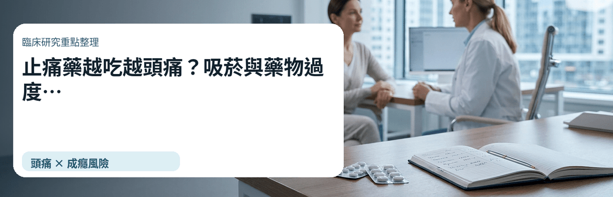 billypan's tweet photo. 止痛藥越吃越多，頭痛卻更常來，可能不只是忍耐力問題。

442 位頭痛患者研究：MOH 組的頭痛天數、止痛藥使用天數與心理痛苦較高；吸菸/尼古丁依賴也和頭痛衝擊、用藥天數相關。非因果證明，也不是自行停藥建議。

完整文章：https://t.co/HunACe3xrf https://t.co/4IxS3kVXn6