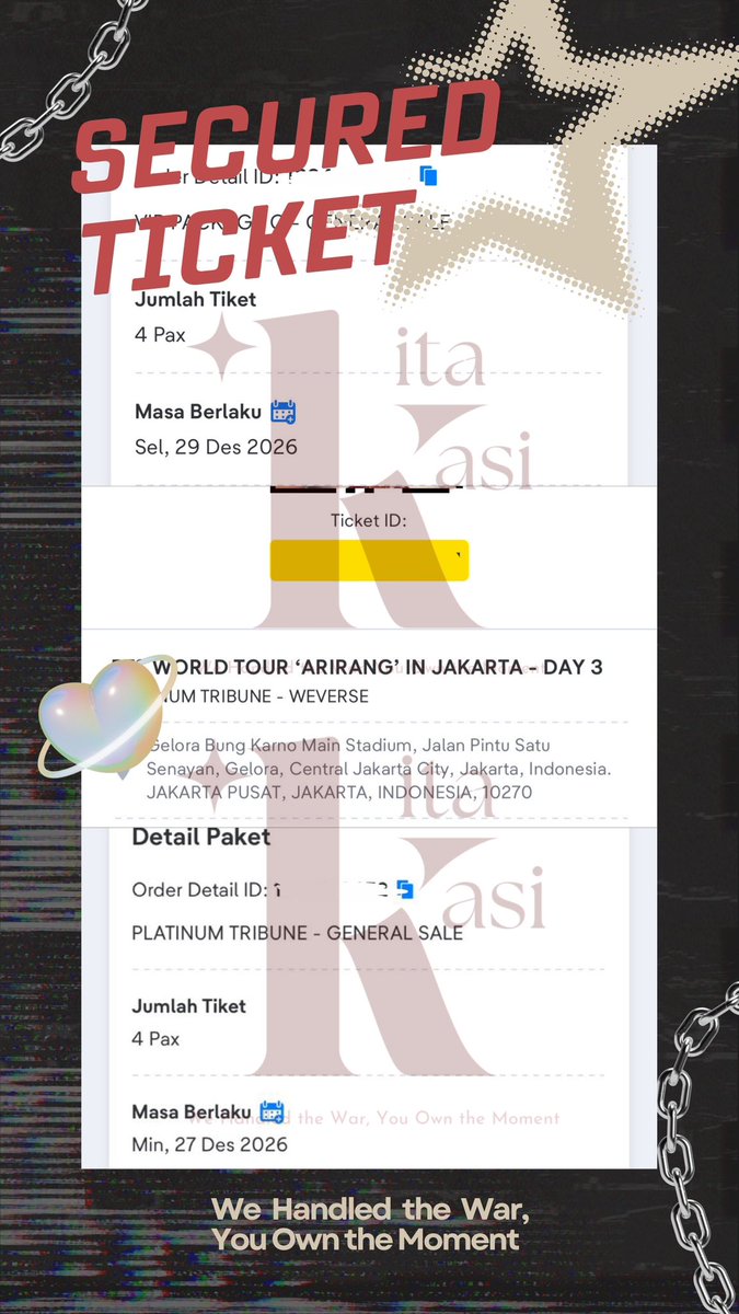 elssthoughts's tweet photo. SECURED ALL ORDERS ✅😍

Alhamdulillah semua tiket ‘BTS WORLD TOUR ARIRANG IN JAKARTA’ pesanan customer berhasil secured. Thank you for trusting me with your tickets!🤍

Untuk jastip tiket event lainnya, silakan cek Instagram kami @/kita.kasi

 #BTS #BTS_ARİRANG_JAKARTA #kitakasi https://t.co/WuzoaxPkW7