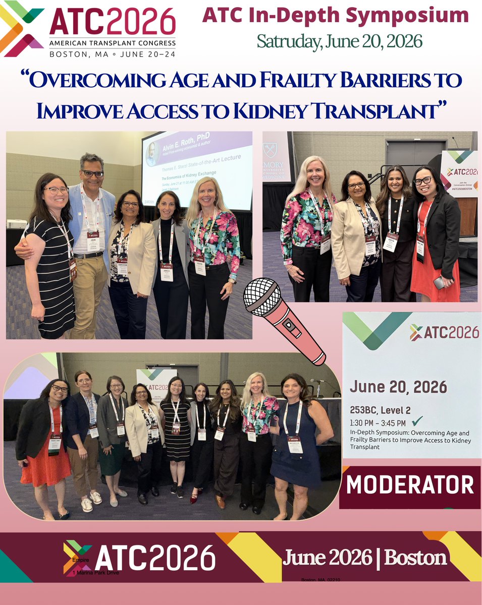 KristaLentine's tweet photo. 🎤 Honored to serve as a moderator alongside @D_M_Dadhania at the @ATCMeeting  (#ATC) 2026 In-Depth #Symposium, “Overcoming Age and #Frailty Barriers to Improve Access to #KidneyTransplant.”
 
 🌟 This outstanding session brought together an energetic panel of experts exploring practical, evidence-based strategies to improve transplant access and outcomes for older and frail kidney transplant candidates.
 
 💪🏽 The discussion highlighted how multidisciplinary, patient-centered approaches can help expand access to transplantation while supporting functional recovery and quality of life. From frailty assessment and biological versus chronological age to prehabilitation, nutrition, cognitive health, psychosocial support, and global perspectives on care delivery, the session offered actionable insights for improving access and outcomes across diverse populations.🏥 🩺 
 
 💫 It was inspiring to learn from colleagues committed to advancing equitable transplant care and to hear innovative ideas for overcoming barriers faced by older adults pursuing #KidneyTransplantation | Arpita Basu | 
Mary Ann Lim | @CunningBeans  | Nisha Patel | 
Yue-Harn Ng | Janice Borg | Elizabeth Lorenz | Michelle Lubetzky 🤝🏽
 
 🤲🏽 Thank You to our outstanding speakers, attendees, and the #ATC2026 organizers for making this such an impactful session. Looking forward to continuing the conversation on how we can reduce barriers and support #TransplantAccess for vulnerable patients.💙💚
 
 🫶 #ATC2026 #Transplantation #Frailty #HealthyAging #Support #Innovation #PatientCenteredCare | @AST_info  | 
@SSMHealthSTL | @slusom 🦋