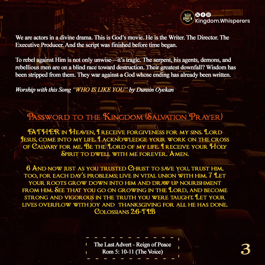 kwhisperers's tweet photo. THE LAST ADVERT - PART 1:
The Reign of Peace 

If we were in the heat of combat with God when His Son 
reconciled us by laying down His life, then how much more will we be saved by Jesus’ resurrection life? 11. In fact, we stand now 
reconciled and at peace with God. https://t.co/BmzfPp3QFw