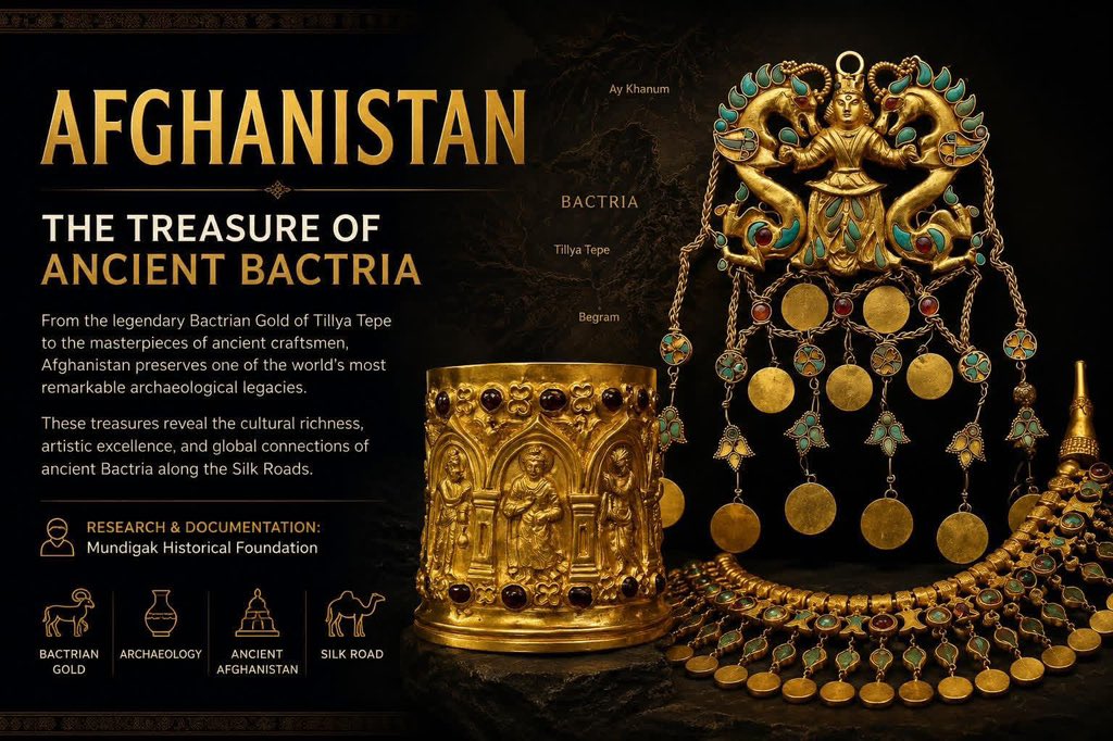 pashtonzoy's tweet photo. Tillya Tepe: The Ancient Treasure of #Bactria

For nearly two thousand years, conquerors and kings searched for this great treasure of the ancient world. It was eventually discovered in northern #Afghanistan, near Sheberghan, the capital of Jowzjan Province, by the renowned Soviet archaeologist Victor Ivanovich Sarianidi (1929–2013) after extensive archaeological investigations.

Under his leadership, Afghan and Soviet archaeologists conducted excavations at #TillyaTepe in 1978. As a result, nearly 20,000 gold artifacts were recovered from seven burial tombs. This extraordinary treasure, one of the most valuable archaeological discoveries of the twentieth century, has been dated to approximately the 1st century BCE and the #Kushan period.

The collection includes gold coins, jewelry inlaid with precious stones, pendants, belts, crowns, medallions, swords and daggers, ivory objects, and figurines depicting mythical creatures such as dragons. These artifacts reflect the rich cultural exchanges that once flourished along the ancient #SilkRoads and demonstrate the remarkable craftsmanship of the peoples of ancient Bactria.

In 1989, following a confidential directive issued by the former President of Afghanistan, Dr. Mohammad Najibullah, the Tillya Tepe treasure was transferred from the National Museum in Kabul to secure vaults within the Presidential Palace and the Central Bank due to security concerns. This priceless cultural heritage and enduring symbol of #AfghanHeritage and Afghanistan’s documented history has remained preserved to the present day.

#UNESCO
#HeritagePreservation
#ArchaeologyLovers
#HistoryLovers
#AncientArtifacts
#BactrianTreasure
#AfghanHistory
#ExploreHistory
#HiddenTreasures
#HumanHistory