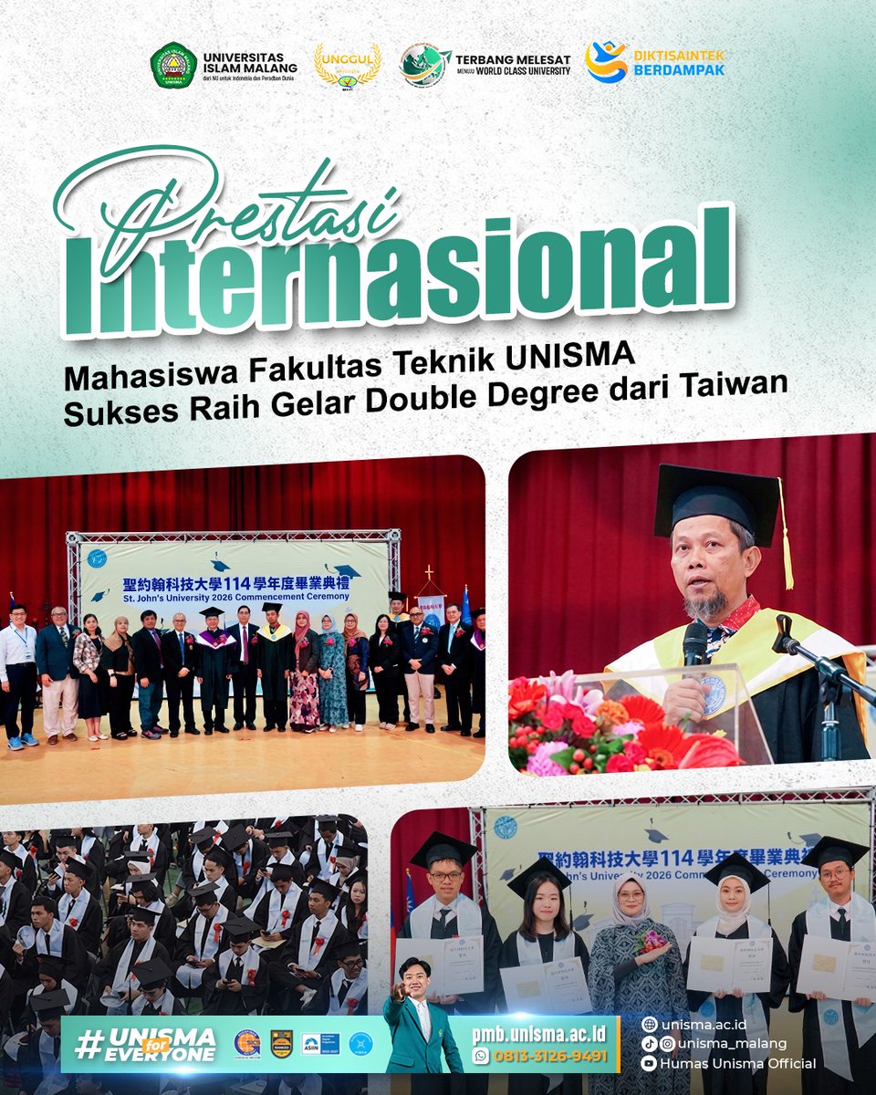 unisma193's tweet photo. Prestasi Internasional Mahasiswa Fakultas Teknik UNISMA🌏
11 mahasiswa Fakultas Teknik UNISMA berhasil meraih gelar Bachelor of Science (https://t.co/k36jNJPCfz.) melalui Program Double Degree dan Joint Degree di St. John’s University, Taiwan.
Selamat kepada seluruh wisudawan👏 https://t.co/pS9Jpyfx5l