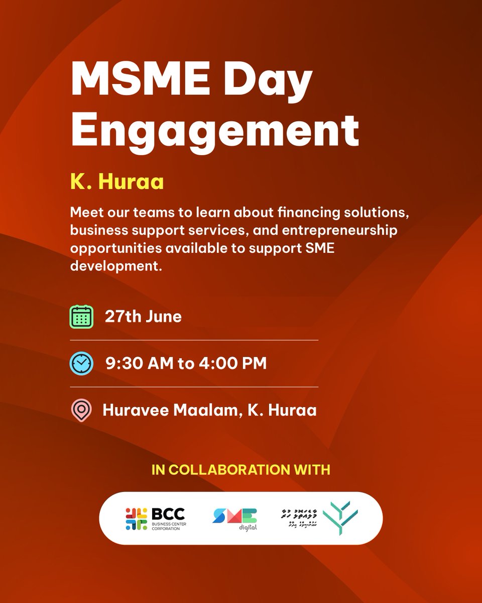 SMEdigital_mv's tweet photo. 📍SME Engagement in K. Huraa

In celebration of MSME Day, we’re coming to connect with entrepreneurs, aspiring business owners, and community members.
Join us to learn about available financing opportunities, receive guidance on business development, and explore how we can support your business journey.

Sign up to join the session:
https://t.co/ZjDsIyYRGu
