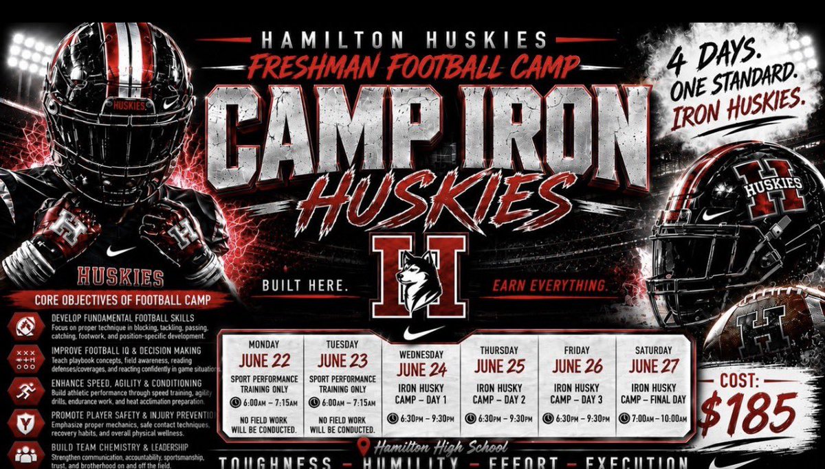 HamiltonHuskyFB's tweet photo. π HAMILTON HUSKIES FOOTBALL | WEEK #4 π
Building strength. Developing leadership. Creating championship habits.
Toughness. Humility. Effort. Execution.
#OneHamilton #IronHuskyCamp #HamiltonFootball #TheHuskyWay #ChampionshipMentality #Relentless #FutureHuskies
@Husky_Football7 @HHS_Athletics_1 @CoachDixonDBs @CoachPTBarrett @swoll1 @CodyTCameron @therealbeadle @AZHSFB
@ctownrivals @dextersx3