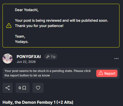 PONYGFXAI's tweet photo. This makes post #2 that has been stuck in a pending state on Yodayo for me. 

https://t.co/20iZi4wUnJ https://t.co/xJ8YaGxNLh