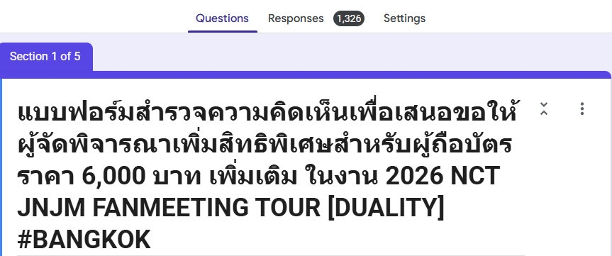 WITHJENOJAEMIN's tweet photo. 🚨 ปิดแบบฟอร์มสำรวจ วันนี้ เวลา 23 : 00 น.🚨

[อัพเดต] ยอดที่มีคนกรอกฟอร์มเข้ามาตอนนี้นะคะ 
#NCTJNJM_FANMEETING_TOUR 
#NCTJNJM_FANMEETING_TOUR_DUALITY

📅 22/06 เวลา 12:00 น.
🔗แบบฟอร์มสำรวจความคิดเห็นเพื่อเสนอขอให้ผู้จัดพิจารณาเพิ่มสิทธิพิเศษสำหรับผู้ถือบัตรราคา 6,000 บาท เพิ่มเติม > มีคนกรอกเข้ามาทั้งหมด 1,326 คน 

🔗แบบฟอร์มสำรวจความสนใจในการขอให้ทางผู้จัดพิจารณาเปิดจำหน่ายที่นั่งจำกัดการมองเห็น (Restricted View) เพิ่มเติม > มีคนกรอกเข้ามาทั้งหมด 1,069 คน

ใครที่ยังไม่ได้กรอกฟอร์ม อย่าลืมแวะมากรอกฟอร์มแบบสำรวจไปด้วยกันนะคะ  หรือใครที่มีบัตรแล้ว มีบัตรในราคาอื่น ๆ ก็สามารถมากรอกได้เช่นกันค่ะ🙏🏻