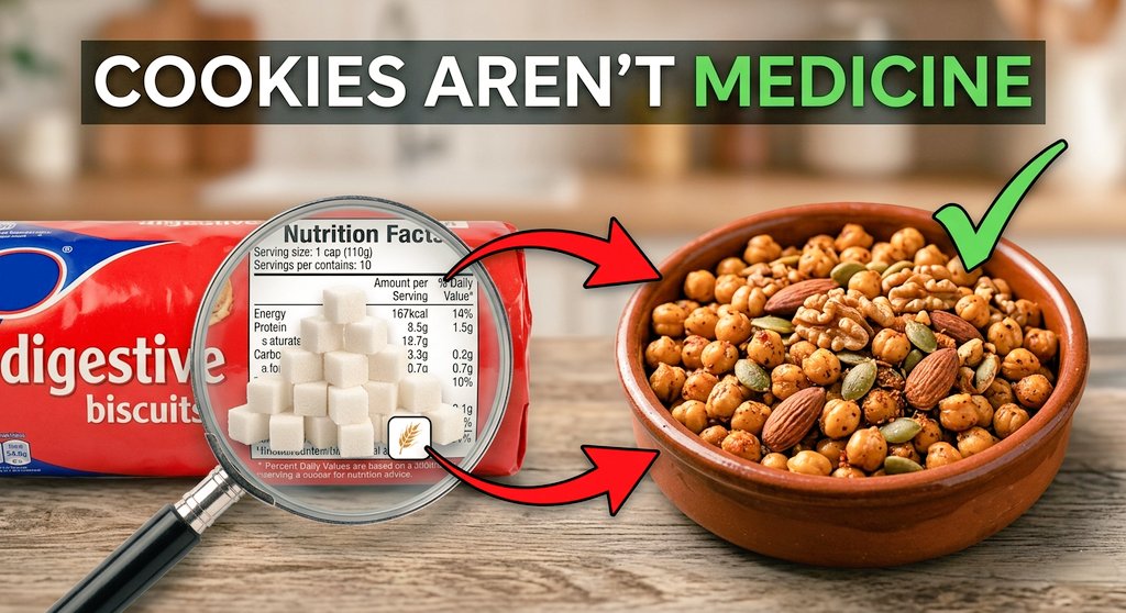 InspireCoreLife's tweet photo. 🥨 That "digestive biscuit" is a marketing lie.

It has more sugar than fiber. Your gut doesn't need cookies.

Try roasted chickpeas or nuts instead. https://t.co/JTZjNisOgM